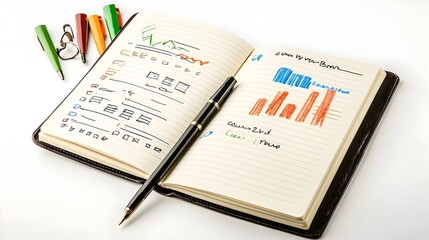 Obraz premium Opened Business Notebook with Handwritten Goals on White Backdrop