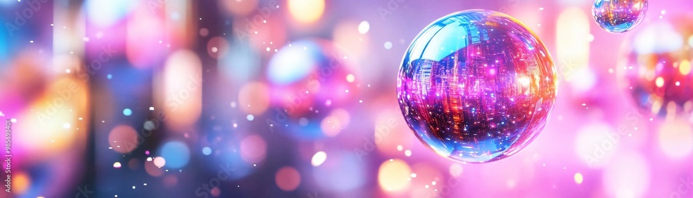 Poster a vibrant and colorful abstract background featuring shimmering orbs and a dreamy bokeh effect, perf