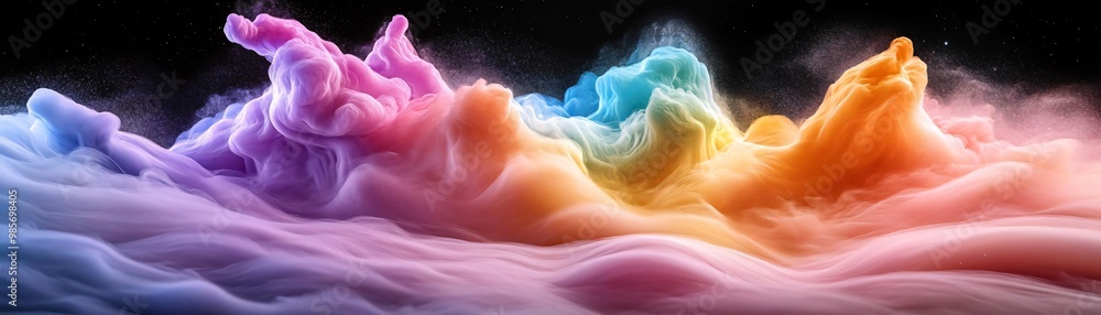 Poster a vibrant and colorful abstract design featuring swirling clouds of smoke and light, creating a mesm