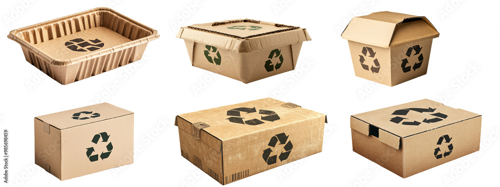 Aufkleber A cardboard shipping box with the recycle icon printed on its side. Photorealistic image isolated on a white background from a side angle. Large space for text in center Stock Photo with copy space