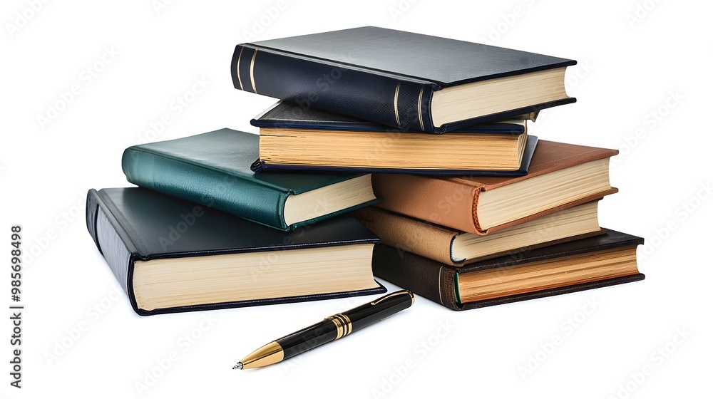 Poster a stack of business books with a pen on a white background symbolizing continuous learning and