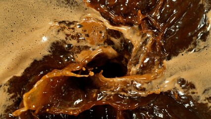 Freeze Motion Detail Shot of Coffee Foam Swirling , Top Down View .