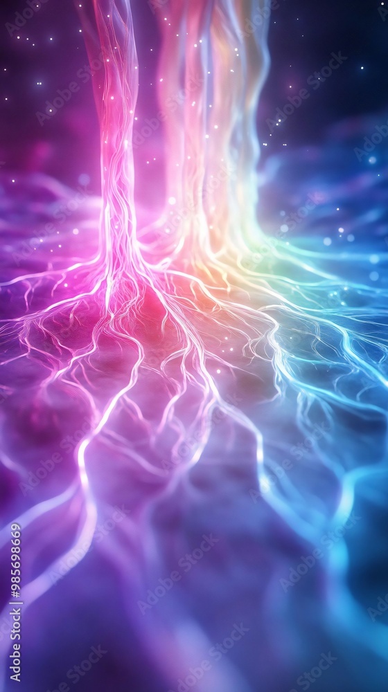 Poster a vibrant display of colorful light streams and abstract patterns, creating a mesmerizing digital ar