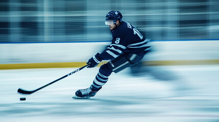 Obraz premium Hockey player striking the puck in full action