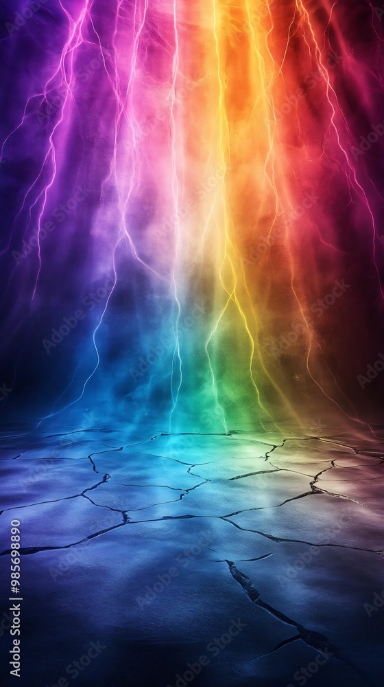 Poster a vibrant rainbow spectrum with striking lightning, illuminating a cracked surface, creating a surre