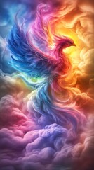 Fototapeta premium A vibrant phoenix rising amidst colorful clouds, symbolizing rebirth and transformation in ethereal hues.