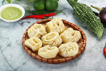 Nepali steamed dumplings  Momo with sause