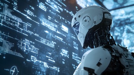 White humanoid robot with a futuristic design, standing in front of a glowing blue digital screen.