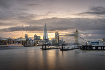 Tower Bridge, with The Shard in the background during the golden hour.