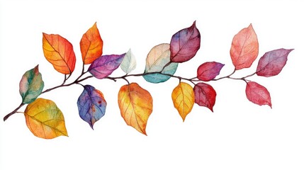 Obraz premium Detailed botanical watercolor of vibrant leaves on a branch, minimalist white