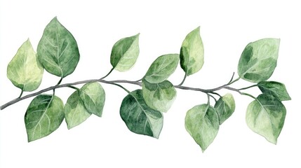 Fototapeta premium Detailed watercolor clipart of fresh plant leaves on a detailed branch, white