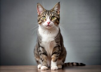 Gray and white tabby cat assumes a curious stance, its short, folded ears tilted forward, captivating gaze scanning