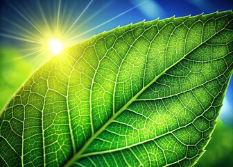 Green leaf radiates with sunlight, as tiny pores absorb CO2 and release O2, sustaining life through autotrophic