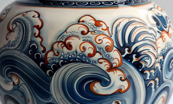 A blue and white vase with a wave design on it 4K Video