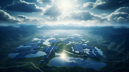 An aerial view of a vast solar power plant in a rural area