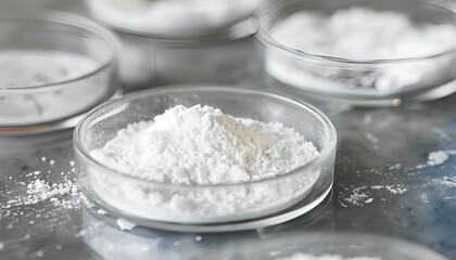 Fototapeta premium Petri dishes with calcium carbonate powder on grey table, closeup