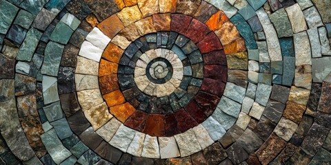 Fototapeta premium This stunning stone mosaic features a mesmerizing spiral design. Rich earthy tones blend seamlessly to create a captivating artwork. Perfect for home decor or artistic inspiration. AI