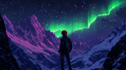 A man stands on a mountain top, looking out at the night sky. in pixel art. The sky is filled with auroras, creating a beautiful and serene atmosphere. The man is wearing a backpack
