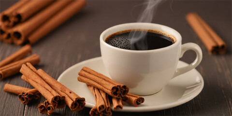 A white cup filled with rich cocoa powder sits on a saucer, accompanied by aromatic cinnamon sticks and star anise on a dark wooden surface. This cozy composition evokes warmth and a delightful sensor
