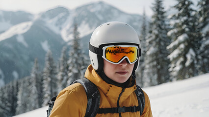 Portrait of smile laughing happy skiing man looks in camera. front view, speed motion effect, professional costume at snow mauntain background