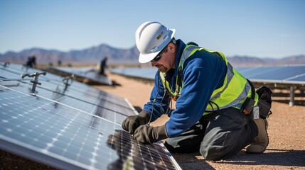 A technician performing maintenance on a large solar panel array