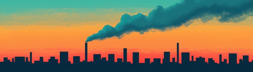 Fototapeta premium A silhouette of an industrial city skyline at sunset, with smoke rising from factories against a vibrant sky.