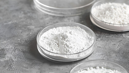 Petri dishes with calcium carbonate powder on grey table, closeup