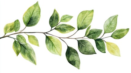 Fototapeta premium Watercolor clipart showcasing botanical leaves on a branch, white