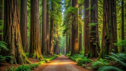 Majestic redwood trees lining a forest path in Avenue of the Giants