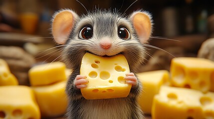 Cute cartoon mouse with big eyes eating a piece of cheese.