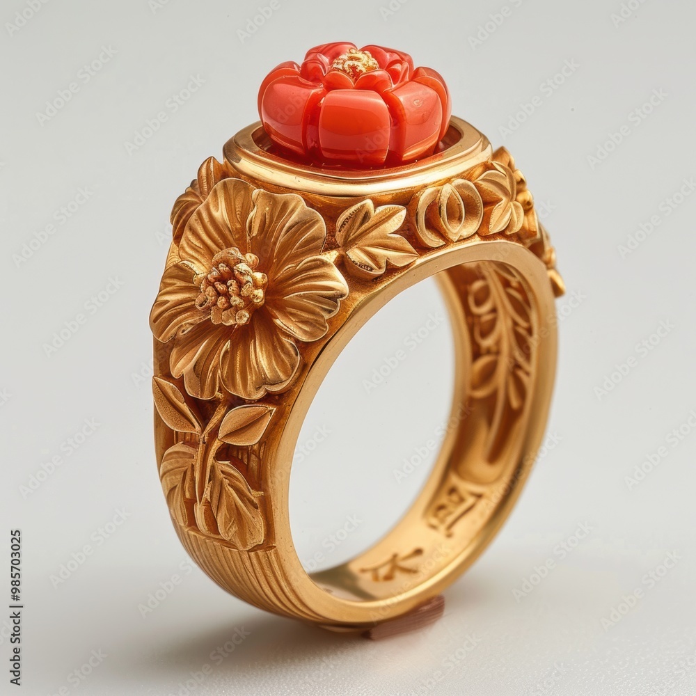 Poster gold ring with coral flower.