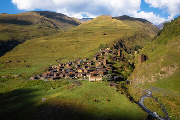 Old ancient mountain village Dartlo. Georgia. Tusheti, Caucasus mountains. High quality photo