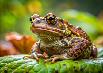 Obraz premium In a forest glade, a green and brown toad with bulging eyes perches quietly on a leaf, observing