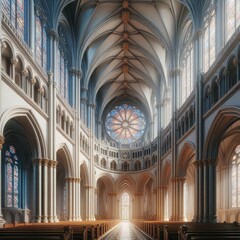Fototapeta premium A stunning Gothic cathedral interior featuring a beautiful rose window. The intricate details of the architecture and the warm sunlight streaming through the windows create a captivating and serene