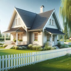 A charming modern farmhouse featuring a steep roof, large windows, and a cozy front porch, surrounded by a white picket fence and lush green landscape. Perfect for depicting peaceful rural life.. AI