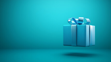 A blue box with a bow on top is floating in the air. The box is the center of attention, and the blue background adds a bright and cheerful mood to the image.