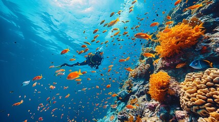 Scuba diver swimming alongside a school of colorful fish near a coral reef with vibrant marine life and clear turquoise water
