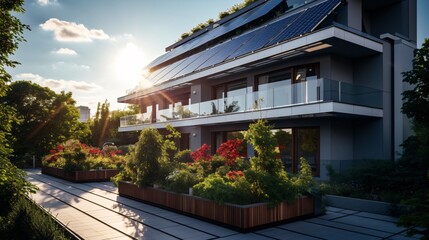 Fototapeta premium Solar panels on an apartment building, enhancing urban green energy usage