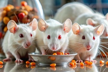 In a sterile lab, curious rodents with snow-white coats and crimson eyes roam freely, sniffing out their next