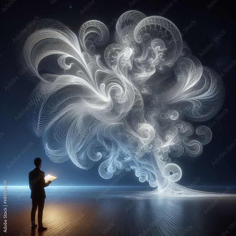 Poster a person stands alone holding an open book, facing a swirling abstract pattern of white light in a d