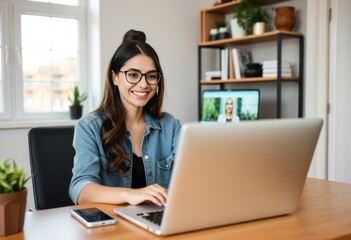 Happy Remote Achiever A young woman working from a home office s