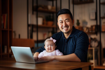 Asian father with his baby girl sitting at a laptop, smiling warmly in a cozy room, concept of family, work-life balance, small business, Giving Tuesday