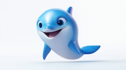 A cheerful 3D emoji of a dolphin's face, with smooth blue skin and a happy expression, set against a pure white backdrop 