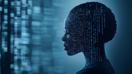 Woman profile overlaid with flowing computer code data