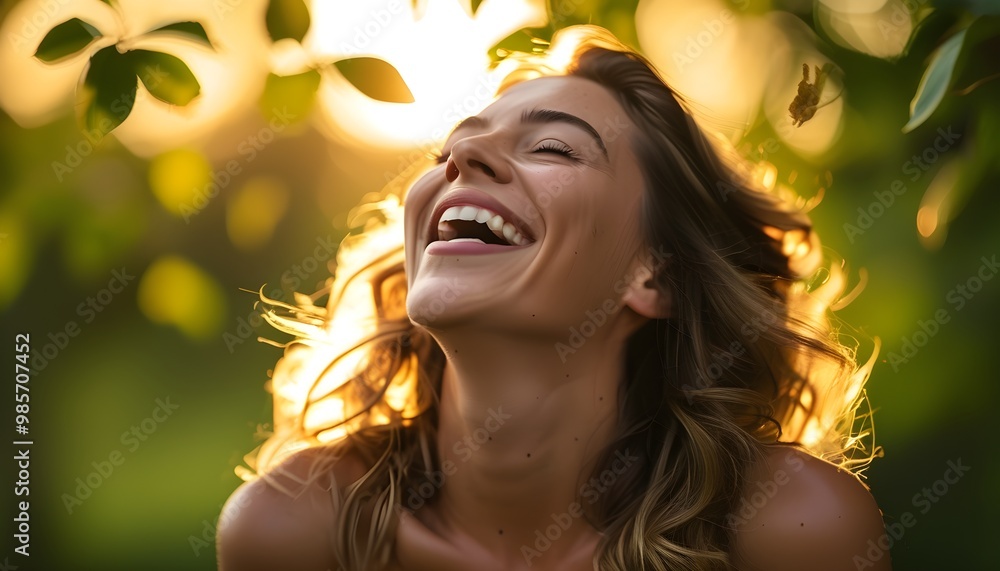 Sticker Joyful woman laughing under the golden sun with blurred greenery, embodying a moment of pure happiness and carefree spirit