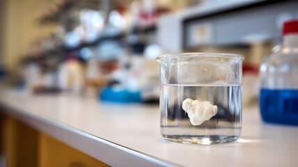 Close-up of glass beaker with clear liquid and floating indicator showing high lead levels, set on white countertop with copy space for text or design.