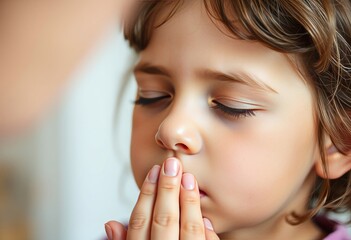 Close up of a child's face their eyes closed as they take a deep