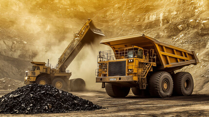 Yellow mining truck being loaded with coal by an excavator