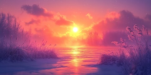 Obraz premium A beautiful sunset over a frozen lake with tall grass and a pink sky.