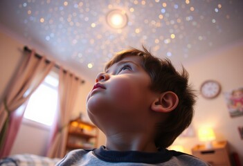 Close up of a child's face as he gazes up at the ceiling of his